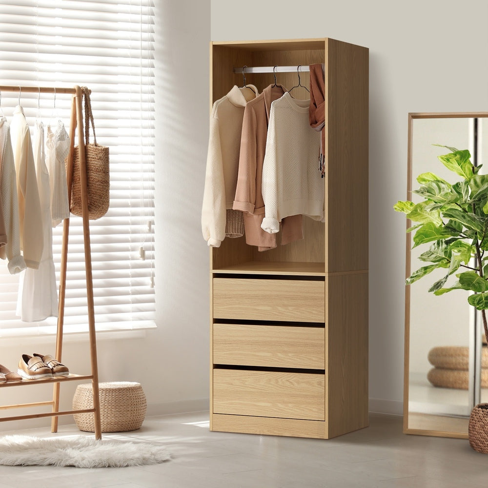 Natural Wardrobe with 3 Drawers and Hanging Rail