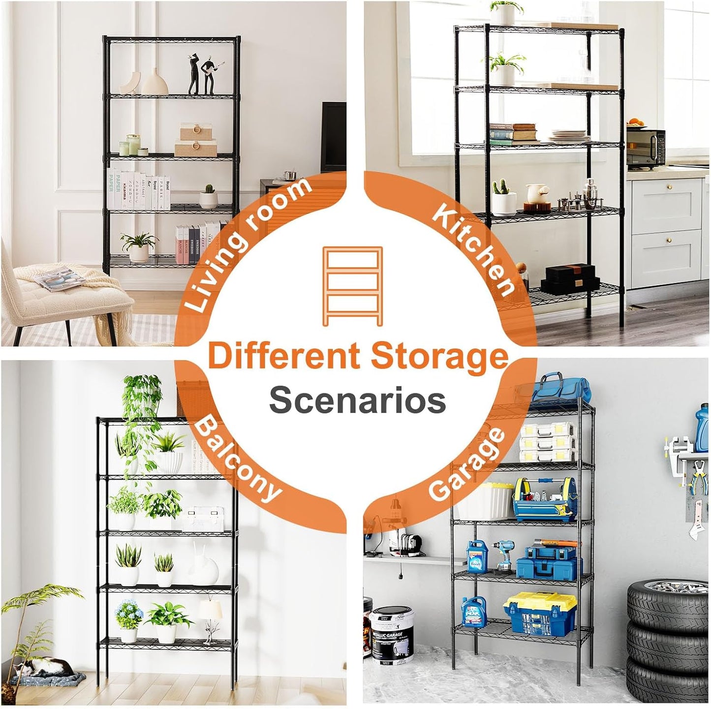 CARLA HOME 5-Tier Adjustable Metal Storage Shelves Wire Rack Organizer for Kitchen, Pantry, Bathroom or Laundry Room (60cm W x 40cm D x 176cm H)